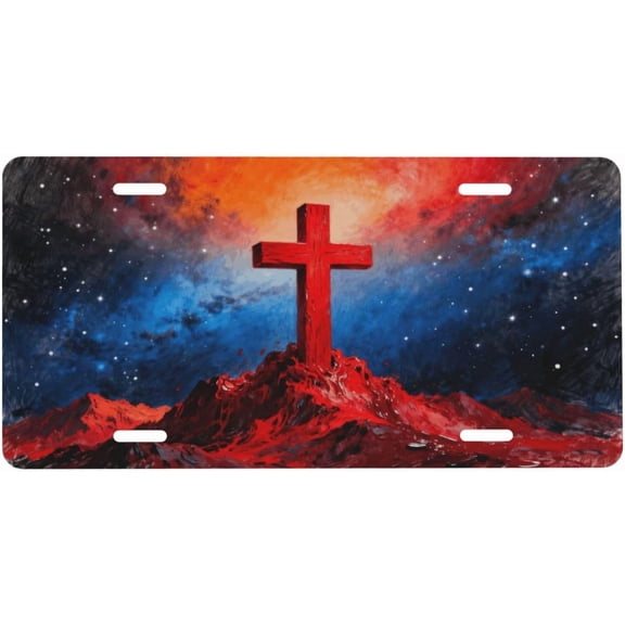 Red Cross Starry Night Sky Volcanic Mountain Design Novelty License Plate, Front Car Plate, Aluminum, 6 x 12 Inch