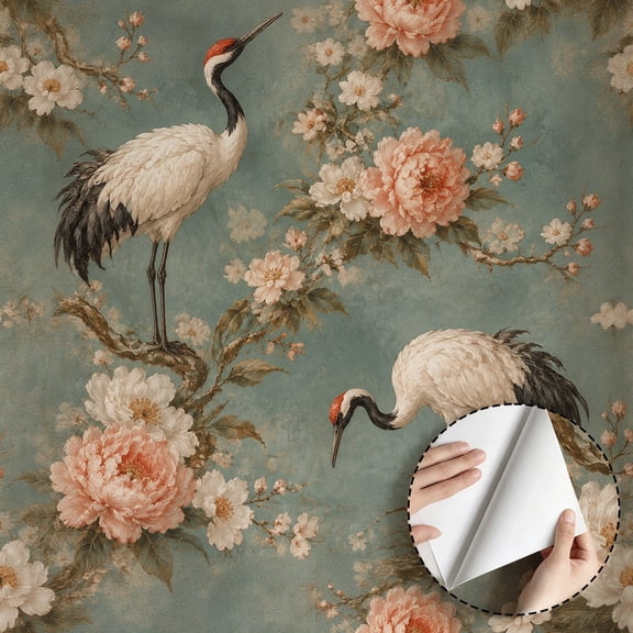 Red Crowned Crane Floral Wallpaper Vintage Rustic Boho Peel and Stick Wallpaper Contact Paper Waterproof Home Decor for Living Room Bedroom Bathroom Kitchen Cabinet Dorm Room
