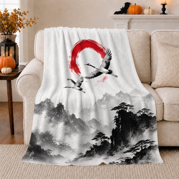 Red-Crowned Crane Japanese Ink Wash Landscape, Peaceful Mountain Lake Scene, Warm Flannel Blanket for Cabin and Lodge, Outdoor Lovers Camping Gift, Rustic Home Decor