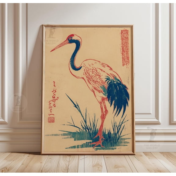 Red Crowned Crane Poster Japanese Bird Woodblock Print Minimal Nature Wall Art Decor 1