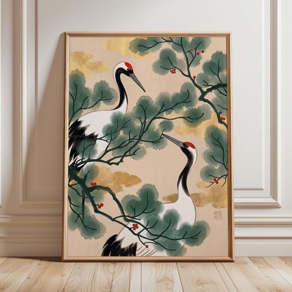Red-Crowned Crane Print, Japanese Ink Wash Pine Tree Art, Gold Clouds Botanical Poster, Poster Only