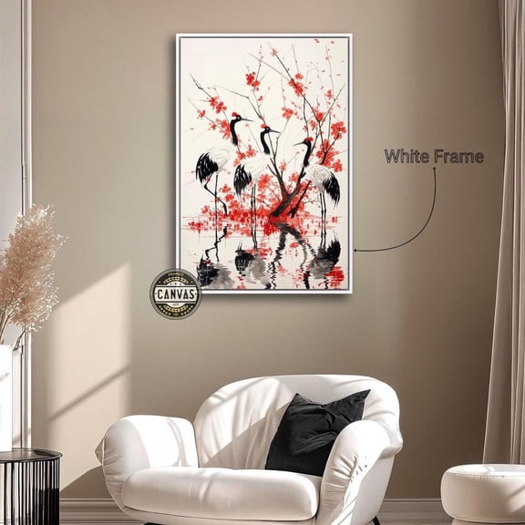 Red Crowned Cranes And Cherry Blossom Wall Art Japanese Birds Poster Oriental Wall Decor Vertical Poster Ready To Hang, Unframed Poster Size 8x12