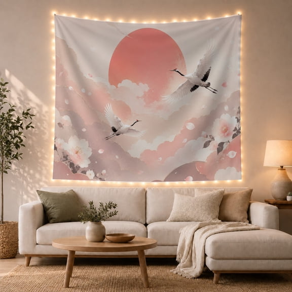 Red-Crowned Cranes in Flight Against a Coral Sun with Cherry Blossoms, Serene Watercolor for Zen Lovers, Asian Wall Art Decor, Housewarming Gift Tapestry Wall Hanging for Bedroom and Living Room