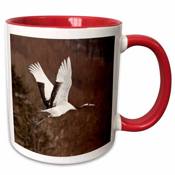 3drose, Red Crowned Cranes in Snow, Hokkaido, 11oz Two-tone Red Mug