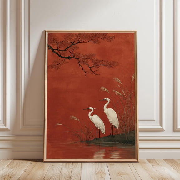 Red Crowned Cranes Japanese Nature Bird Oriental Wall Art Print Decor, Unframed Paper Poster 8x10in
