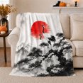 thumbnail image 1 of Red-Crowned Cranes Pine Branch Ink Wash Art, Peaceful Mountain Lake Scene, Warm Flannel Blanket for Cabin and Lodge, Outdoor Lovers Camping Gift, Rustic Home Decor, 1 of 9