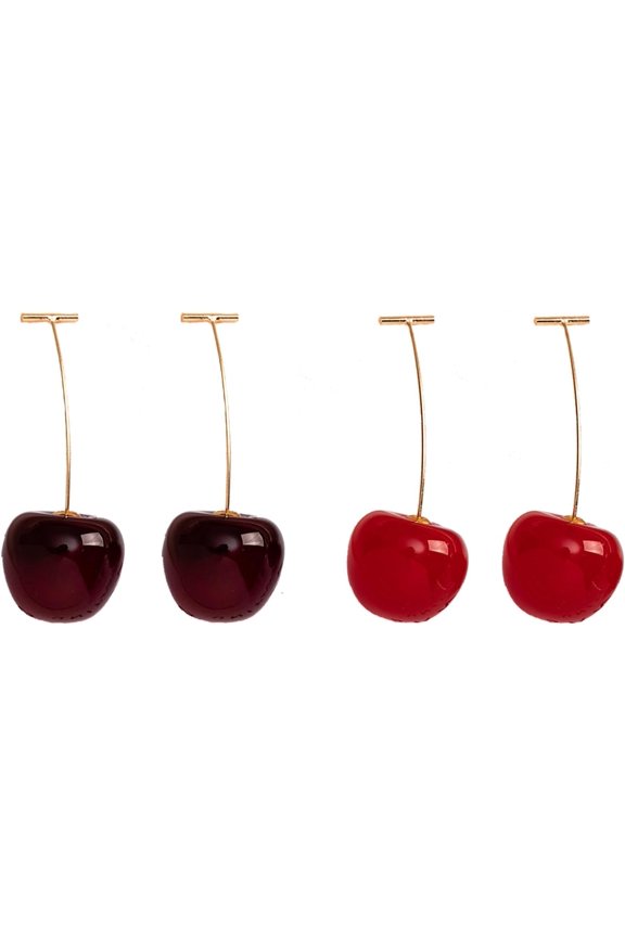 Red Crystal Cherry Earrings - 3D Fruit Gold Dangle Jewelry