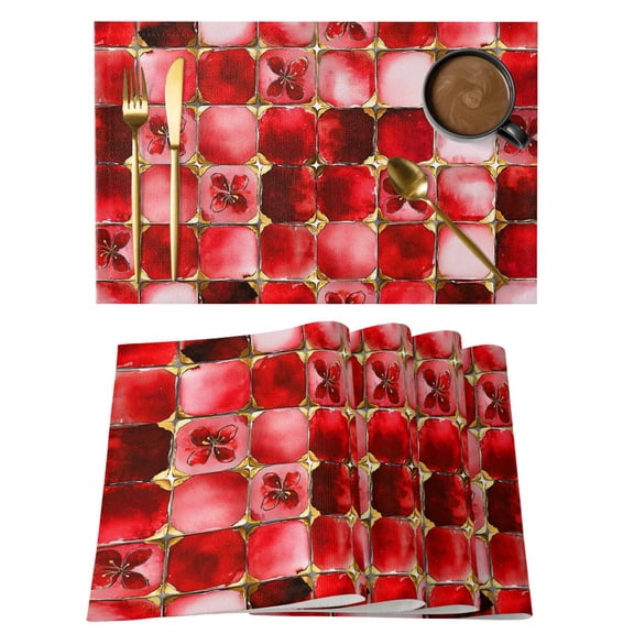 Red Crystal Flower Placemats Set of 1, Retro Irregular Non-Slip Place Mats Washable Table Mats for Kitchen Dining Table Decorations Indoor/Outdoor