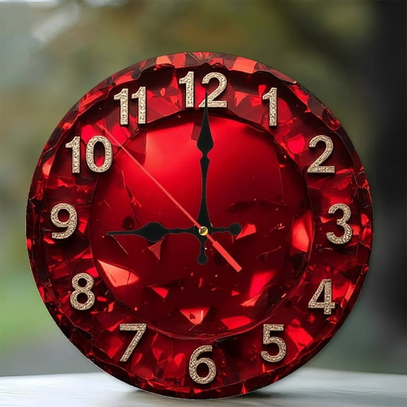 Red Crystal Ruby Clock Wall Decor 10-Inch Silent Wooden Wall Clock, Battery Operated (AA Batteries Not Included), Artistic Home Decor