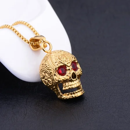 Red Crystal Skull Pendant Necklace Punk Hip Hop Rock Jewelry 14K Yellow Gold Necklace