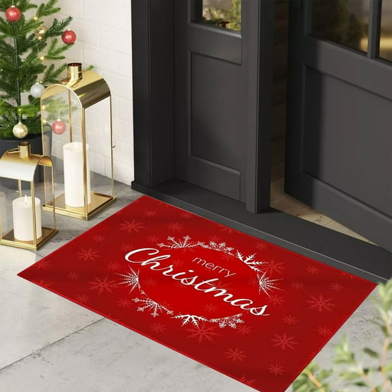 Red Crystal Velvet Christmas Doormat, Absorbent Non-Slip Mat with Merry Christmas Print for Bathroom and Entryway Holiday Decor C
