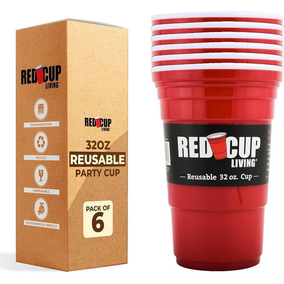 Red Cup Living 32Oz Tumbler, Insulated Reusable Plastic Drinking Glasses, Summer Cup, Beer Stein, Travel Coffee Tumbler for Hot & Cold Drinks, Water Container Kitchen Cup, Party Essentials Pack of 6