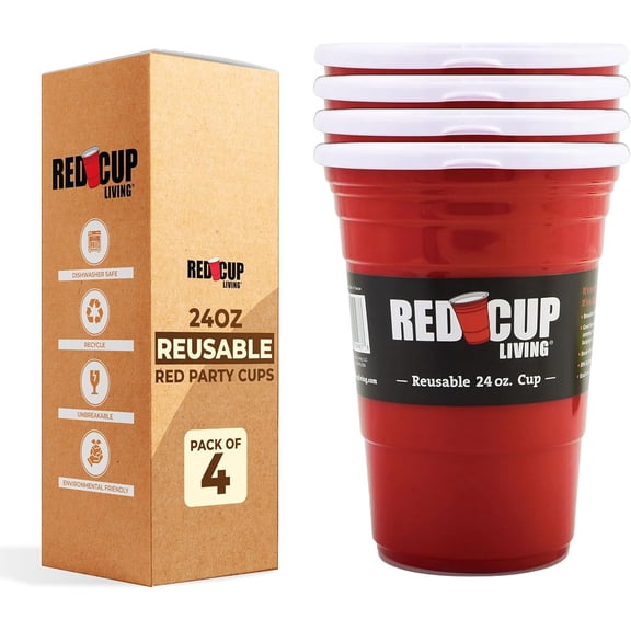 Red Cup Living Red Party Cups  Reusable Large Plastic Cups, Ideal for Parties & Travel | Leak-Proof Coffee Juice Tumbler, Christmas Gifts, BPA-Free, Dishwasher Safe (4, 24 Oz - Red)