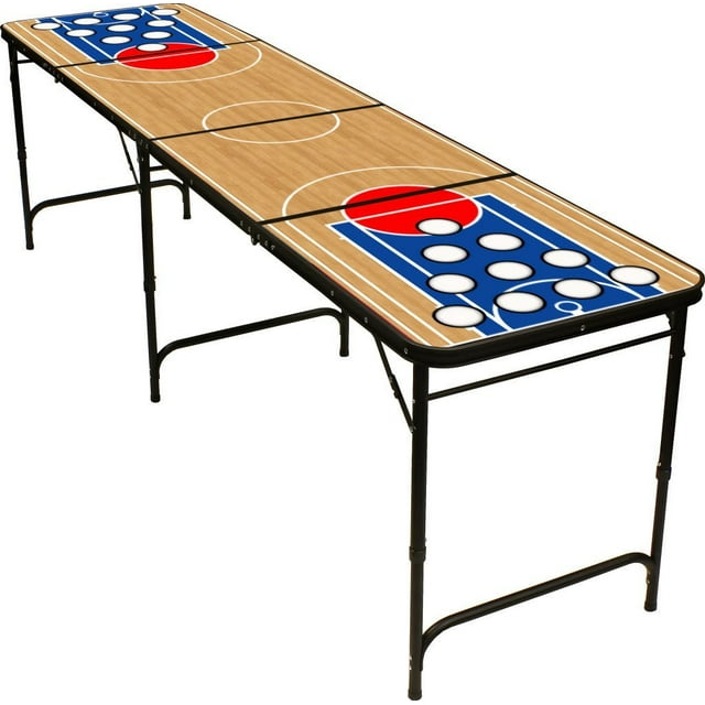 Red Cup Pong 8' Folding Beer Pong Table with Bottle Opener, Ball Rack and 6 Pong Balls - Basketball Design