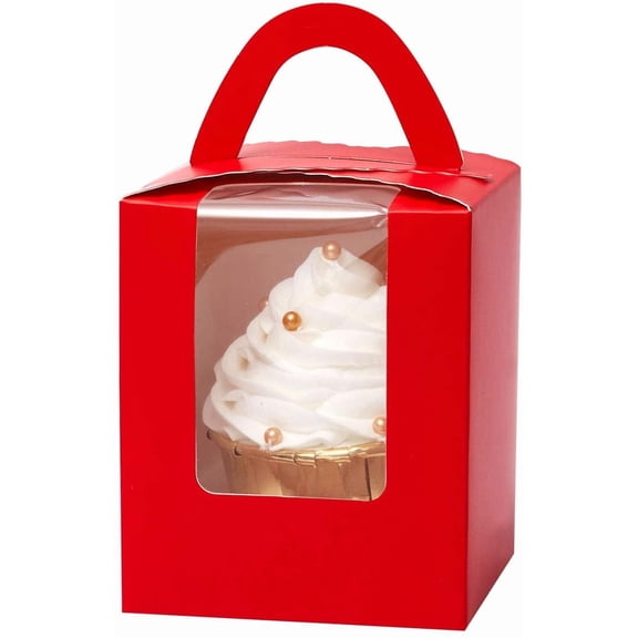 Red Cupcake Boxes Individual Cupcake Holders Disposable 50pcs Single Cupcake Boxes with Window 3.6 * 3.6 * 4.3inch Cupcake Containers