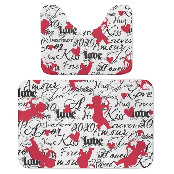 Red Cupid Bathroom Rugs Set 2 Pieces, Bathroom Set - Quick Drying Bath Mat And U-Shaped Toilet Rug, Water Absorbent Bath Carpet For Bedroom Floor Living Room, Machine Washable
