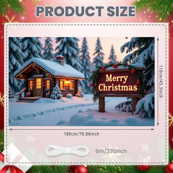 Red Curtain Christmas Banner Green Lettering Merry Christmas Banner Christmas Tree Decor String Lights Xmas Banner for Christmas Party Family Gathering Indoor Decor
