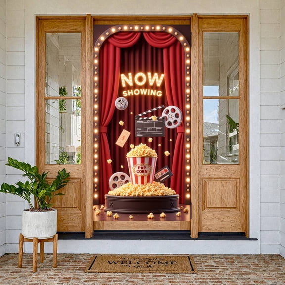 Red Curtain Design Now Showing Banner Vintage Film Theme Cinema Display Lighted Border Movie Reel Decor Theater Background for Movie Night Cinema Party Film Festival