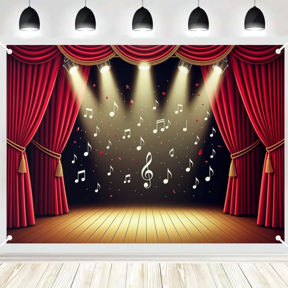 Red Curtain Music Note Stage Photography Backdrop, Spotlight Wood Floor Concert Photo Background for Talent Show Performance Decor 4x6ft