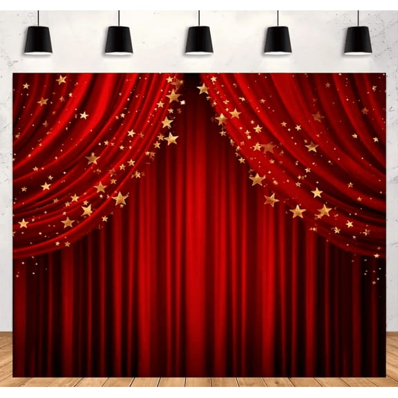 Red Curtain Photography Backdrops Glitter Gold Stars Red Carpet Stage Background Celebrate Backdrop For Wedding Party Events Adult Portrait Digital Photo Studio Prop