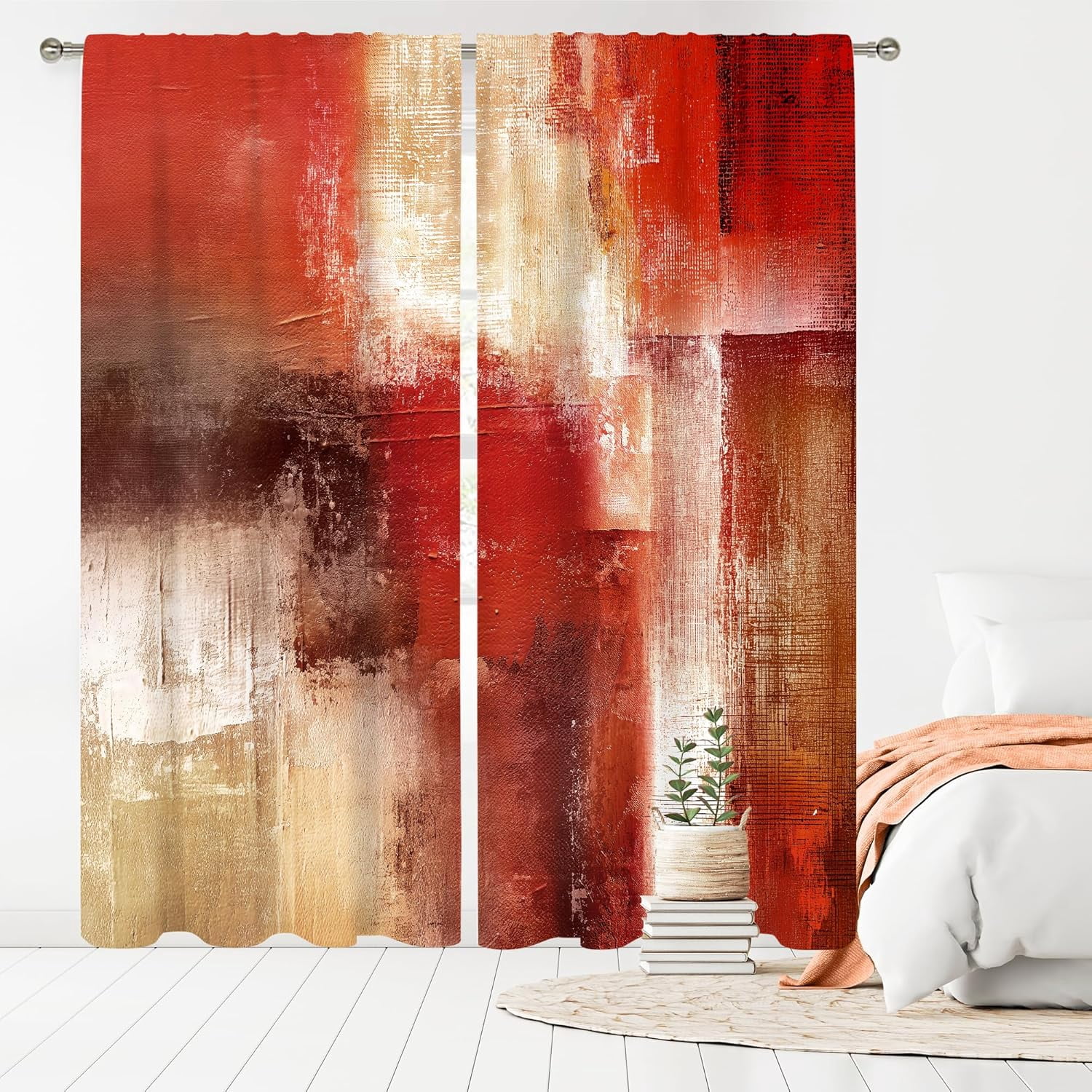 Red Curtains 52Wx84H Inch Rod Pocket Abstract Rustic Vintage Burgundy Brown Modern Oil Painting Bedroom Window Drapes Contemporary Women Art Aesthetic Printed Living Room Window Treatment