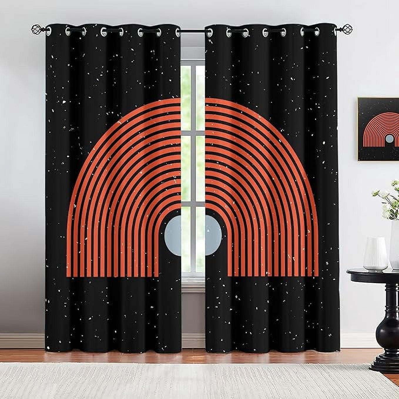 Red Curved Line Window Curtains For Kids Bedroom, Vintage Black ...