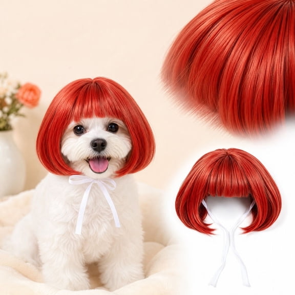 Red Cut Pet Wig with Adjustable Ribbon Ties, 1 Pack, for Small Dogs, Fun Dog Accessories