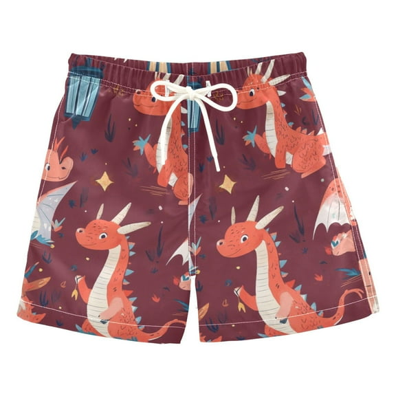 Red Cute Dragon Boys Swim Trunks Quick Dry Boy Swim Shorts for 3-14 Years