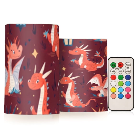 Red Cute Dragon Flickering Flameless Candles Battery Operated with Remote Timer LED Pillar Candles Set of 2