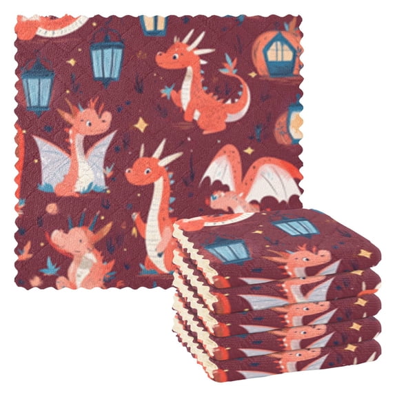 Red Cute Dragon Kitchen Cloth Dish Towels for Drying Washing Absorbent Dish Rags Reusable soft kitchen dishcloth set 6 Pack