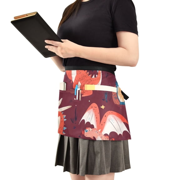 Red Cute Dragon Server Apron with 3 Pockets Waist Apron for Waiter Waitress