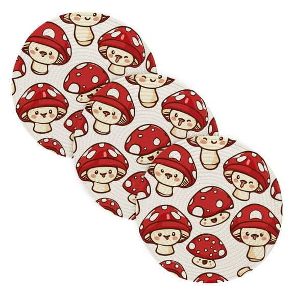 Red Cute Mushrooms 3 Pcs Pot Holders Trivets Set Woven Heat-Resistant Kitchen Round Mats Large Hot Pads for Cooking Baking Counter Table