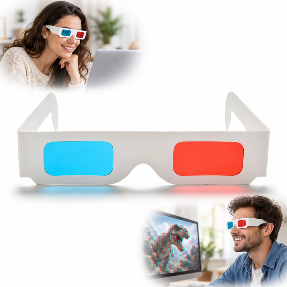 Red Cyan 3D Glasses, Cardboard Anaglyph Eyewear for Compatible Movies, Games and Images, Foldable White Frame, 5.7 x 1.5 in, 1 Pack