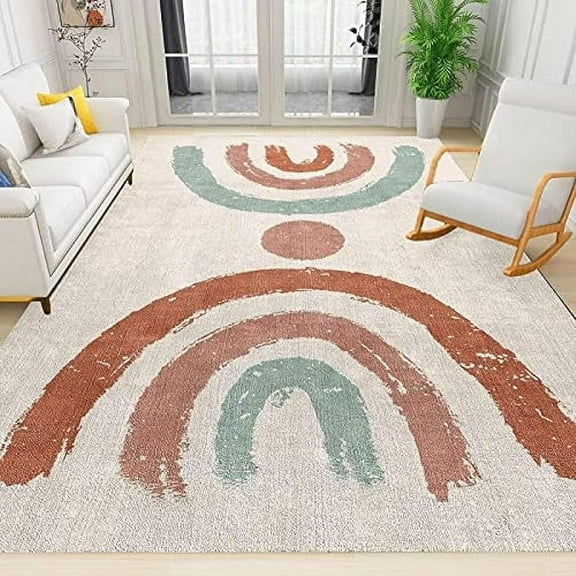 Red Cyan Rainbow Lines Area Rug For Living Room, Boho Retro European Style Home Decorative Rugs, Soft Durable Washable Rug For Playroom Bedroom Living Room Decor 5 x 7ft