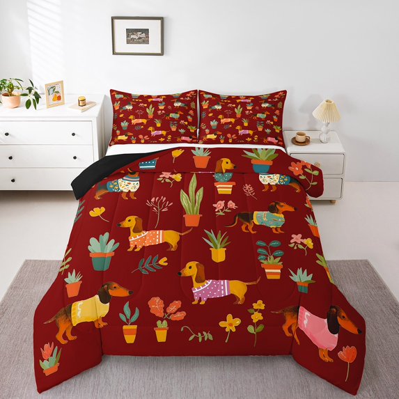 Red Dachshund Comforter Set,Happy New Year Bedding Gifts for Dog Lovers,Kawaii Sausage Dog Quilt Christmas Decor,Lovely Dog Down Comforter,Soft Lightweight