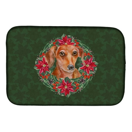 Red Dachshund Poinsetta Wreath Dish Drying Mat