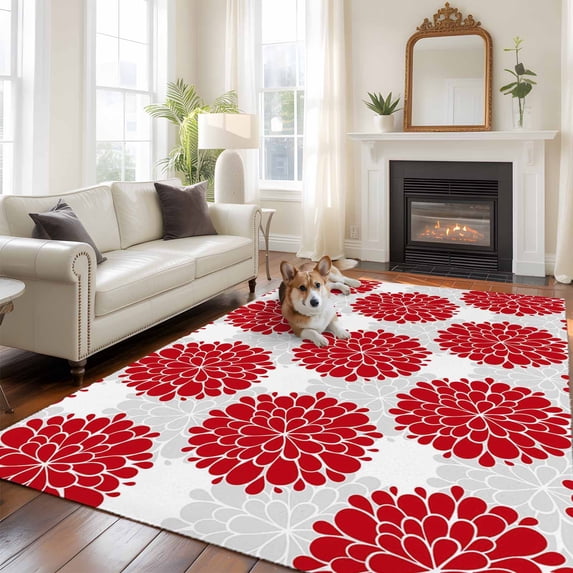 Red Dahlia Area Rug 5x8 FT, Non Slip Bedroom Throw Carpet, Vintage Country Grey Abstract Flowers Floral Washable Soft Floor Carpet Non-Shedding Rug for Living Room Nursery Dorm Office