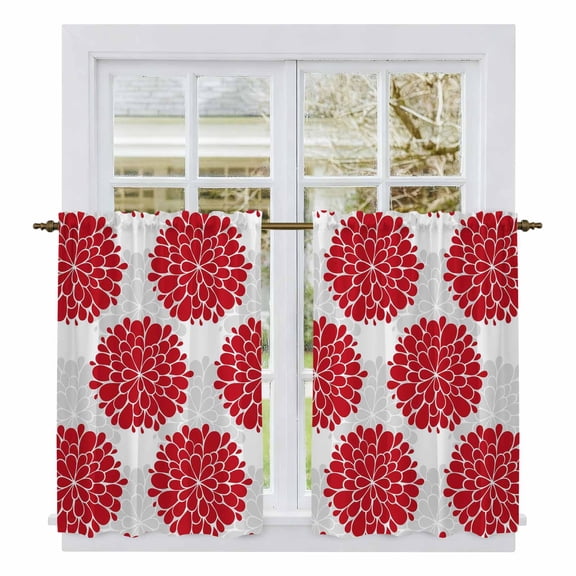 Red Dahlia Kitchen Curtains, Vintage Country Grey Abstract Flowers Floral Light Filtering Window Curtain Panels, 2Pcs Rod Pocket Window Treatments Set for Cabin Bathroom Bedroom 52x45 Inches