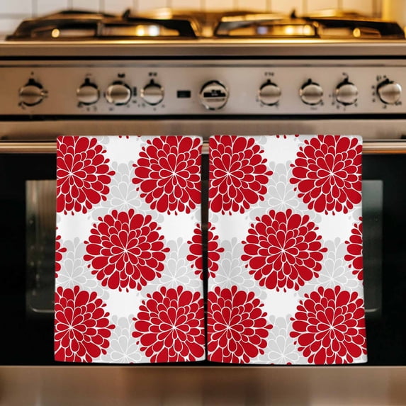 Red Dahlia Kitchen Towels Set of 1, Vintage Country Grey Abstract Flowers Floral Absorbent Dish Towels for Kitchen, Microfiber Hand Towel, Quick Drying Tea Towel for Cleaning Decorative Dishcloths