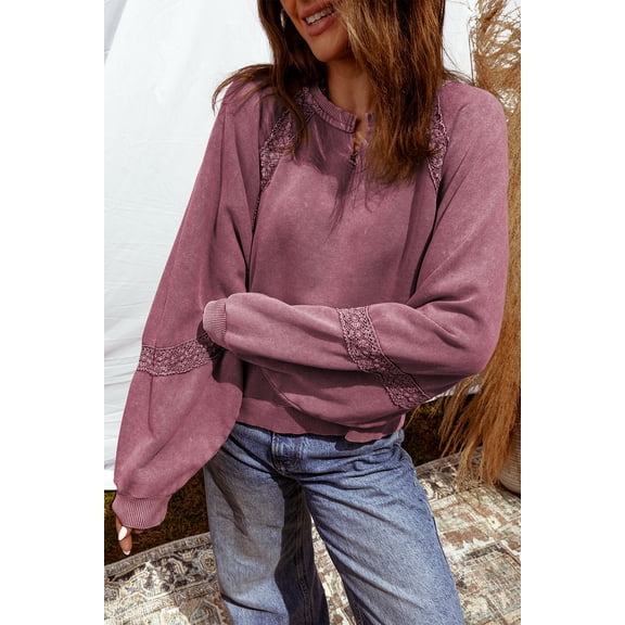 Red Dahlia Lace Patchwork Detail Notched Neck Mineral Wash Baggy Sweatshirt