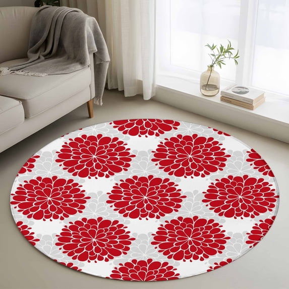 Red Dahlia Round Area Rug 3.3 FT, Non Slip Small Entryway Kitchen Mat, Vintage Country Grey Abstract Flowers Floral Washable Soft Circular Rug Non-Shedding Door Mat for Bathroom Playroom Kids Room
