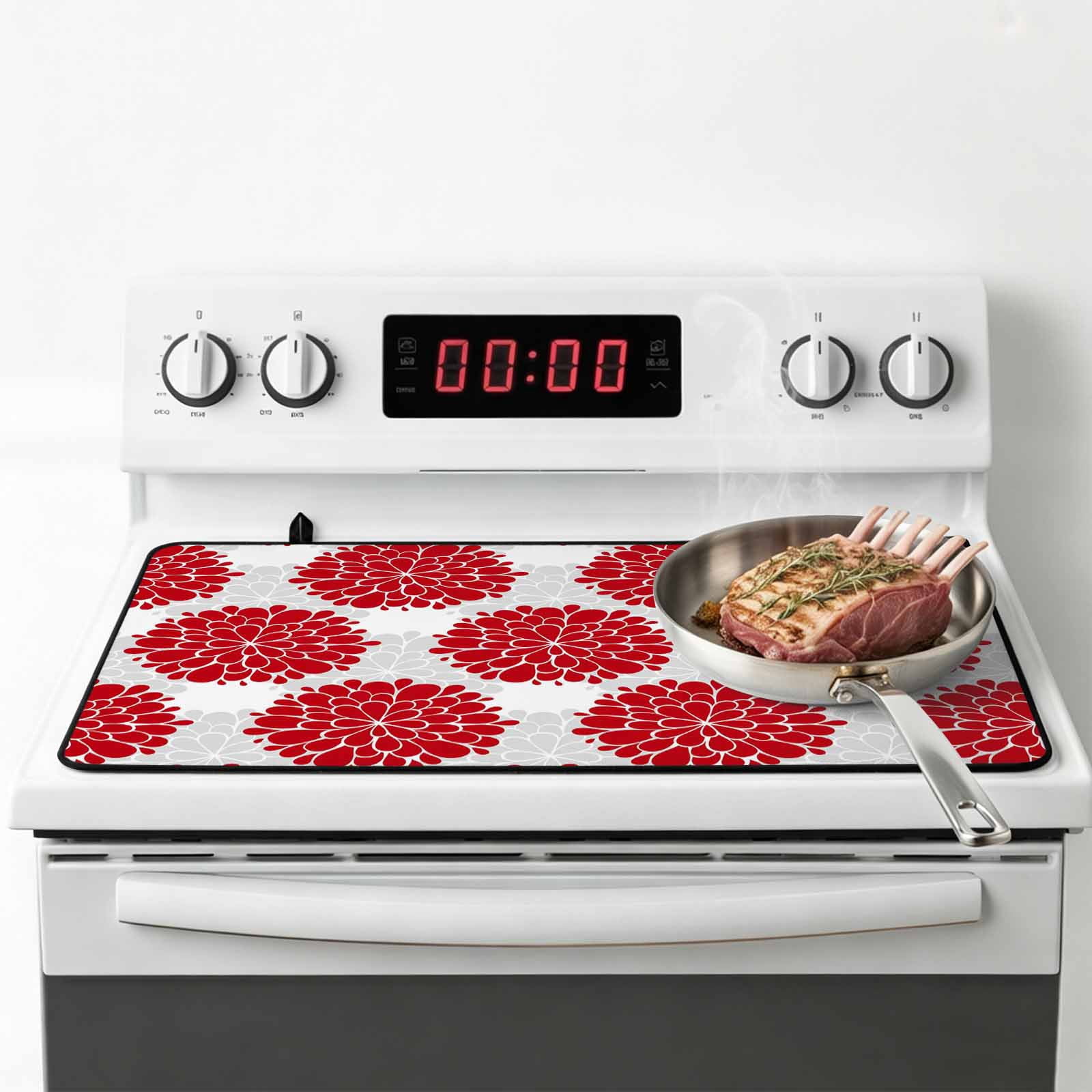 Red Dahlia Stove Top Cover for Electric Stove, Heat-proof & Non Slip Glass Top Stove Cover Protector, Vintage Country Grey Abstract Flowers Floral Kitchen Flat Cooktop Rubber Mat 36x21 Inches