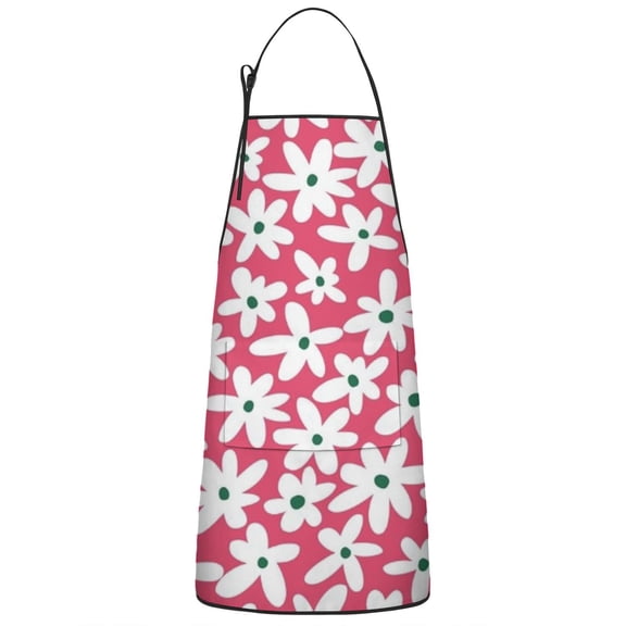 Red Daisy Flower Green Centers Pattern Apron-Garden Aprons for Women with Pockets-Cotton Linen Waterproof Kitchen Cooking Gardening Aprons Adjustable for Kitchen,Cooking,BBQ and Salon 33x27 Inch