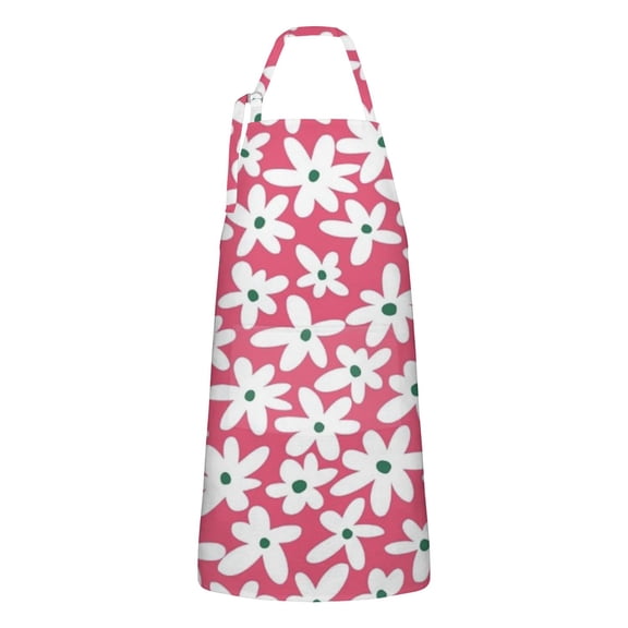 Red Daisy Flower Green Centers Pattern Apron-Garden Aprons for Women with Pockets-Cotton Linen Waterproof Kitchen Cooking Gardening Aprons Adjustable for Kitchen,Cooking,BBQ and Salon 33x27 Inch