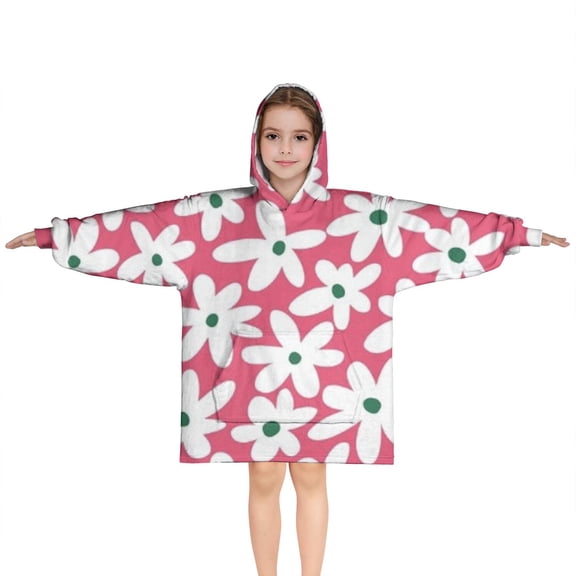 Red Daisy Flower Green Centers Pattern Blanket Hoodies for Kids 6-13YR Oversize Wearable Blanket Hoodies for Boys Girls Teens