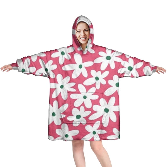 Red Daisy Flower Green Centers Pattern Wearable Oversized Blanket,Wearable Blanket Hoodie for Adults,Cozy Hooded Blankets with Super Pockets,Super Warm Fuzzy Pullover for Women & Men