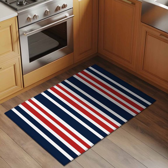 Red Dark 2x3 Rug for Entryway Front Door Kitchen Sink Area, Blue Striped Minimalist Contrast Vertical Stripes Low Pile Washable Non Slip Rectangle Area Rug