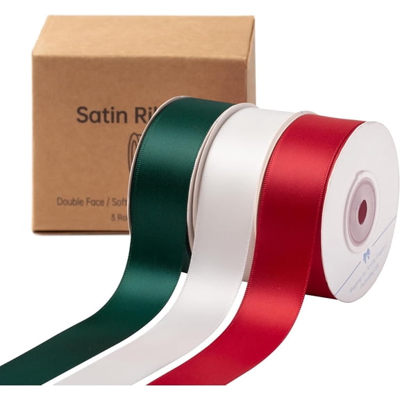 Red/Dark Green/White Double Face Satin Ribbon 1 Inch x 45 Yards Fabric Ribbon for Gift Wrapping, Flower Bouquets, Hair Bows Making, Wedding Decoration, Christmas (3 Rolls *15Yd)