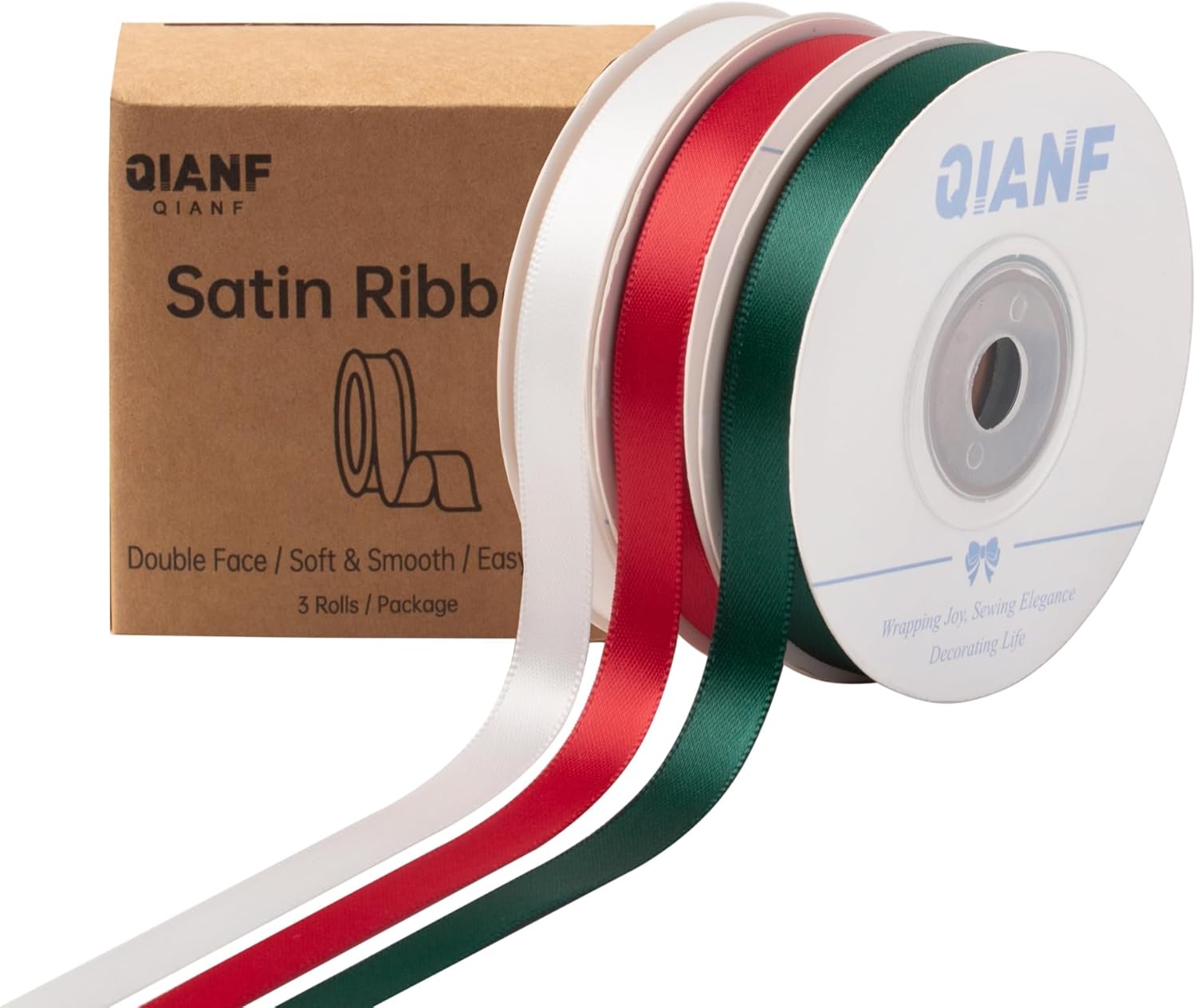 Red/Dark Green/White Double Face Satin Ribbon 3/8 Inch x 45 Yards ...