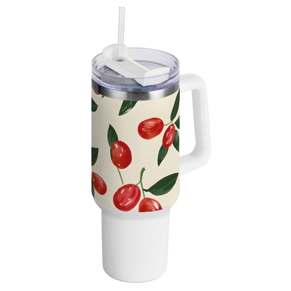 Red Dates Leaves 40 oz Tumbler with Handle Insulated&nbsp;Travel Mug&nbsp;Lid Straw Leak Proof Steel Vacuum Water Bottles Glasses Fits in Car Cup Holder